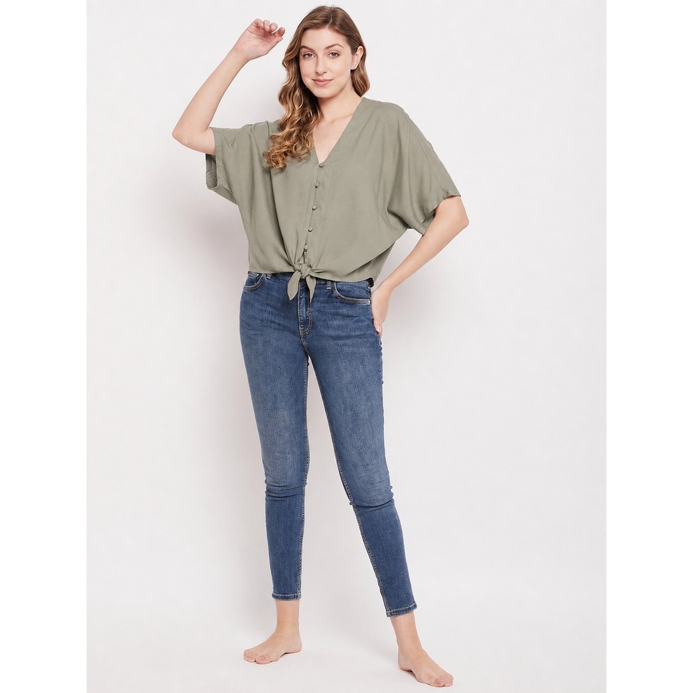 Sim & Sam Sage Green Button Front Tie Hem Cropped Blouse Small